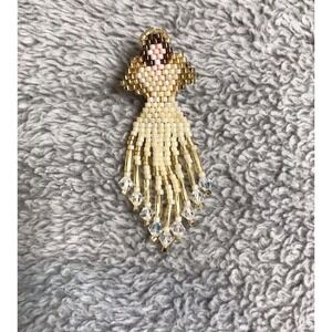 Vintage Angel Brooch Goldtone‎ Beaded Fringe Pin Christmas